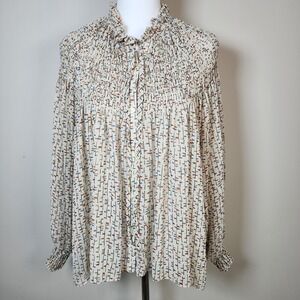 MINI Peasant Blouse Womens Medium Smocking BOHO Ditsy‎ Cottage Chiffon Sheer